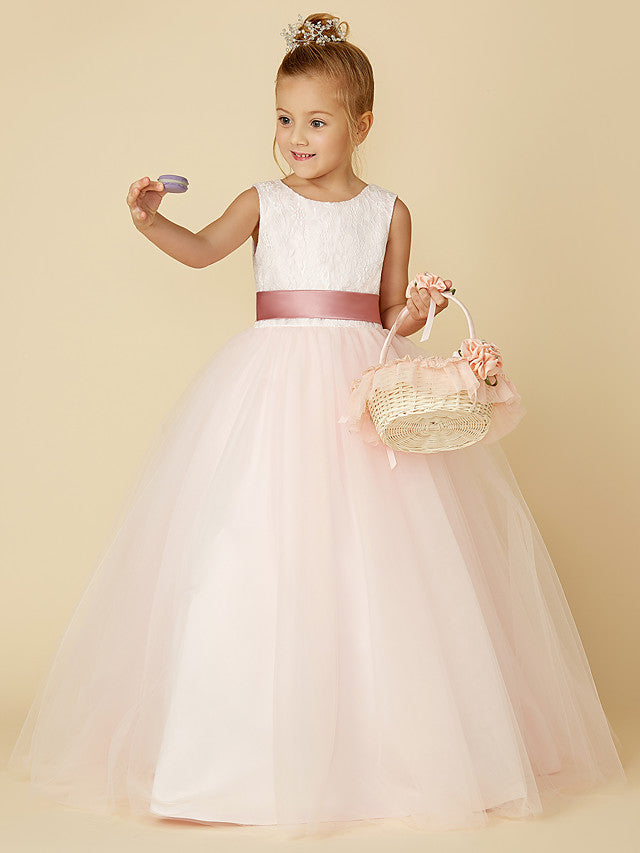 Princess Satin Tulle Lace Appliques Sleeveless Flower Girl Dresses for Floor Length-BallBride