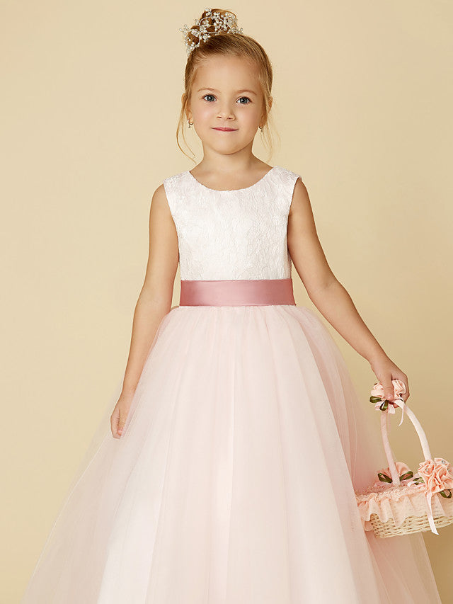 Princess Satin Tulle Lace Appliques Sleeveless Flower Girl Dresses for Floor Length-BallBride