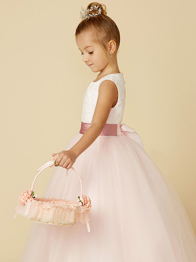 Princess Satin Tulle Lace Appliques Sleeveless Flower Girl Dresses for Floor Length-BallBride