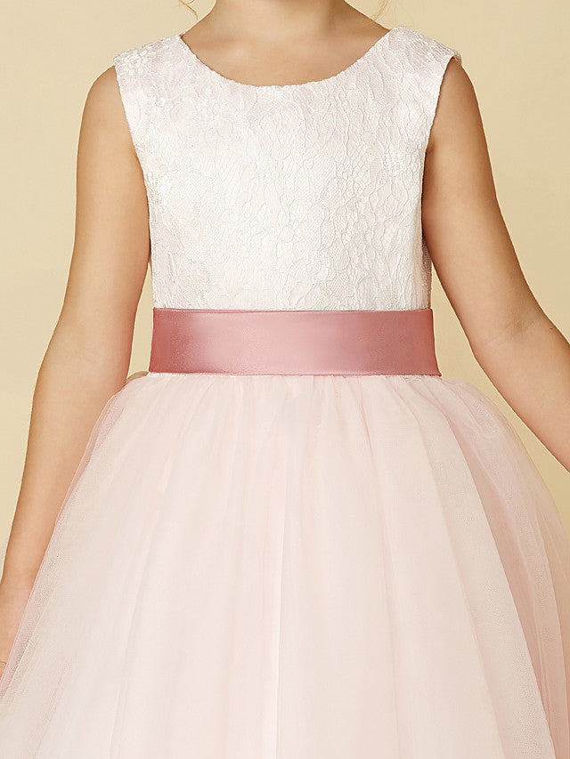 Princess Satin Tulle Lace Appliques Sleeveless Flower Girl Dresses for Floor Length-BallBride