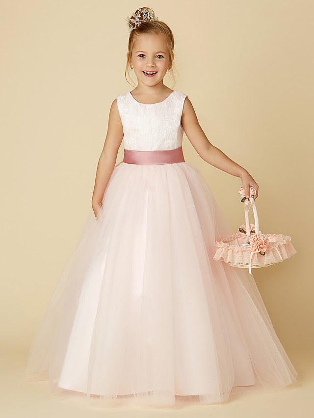 Princess Satin Tulle Lace Appliques Sleeveless Flower Girl Dresses for Floor Length-BallBride