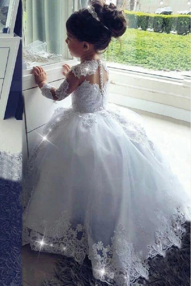 Princess Scoop Neck Long Sleeves Flower Girl Dress with Tulle Lace and Appliques-BallBride
