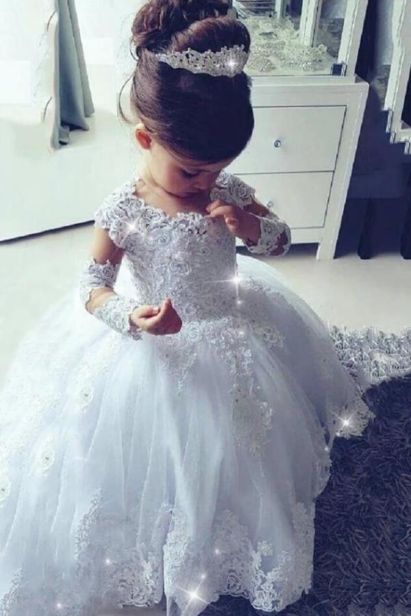Princess Scoop Neck Long Sleeves Flower Girl Dress with Tulle Lace and Appliques-BallBride