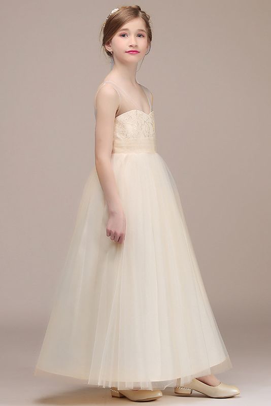 Princess Sheer Straps Sleeveless Flower Girl Dress with Lace and Tulle-BallBride