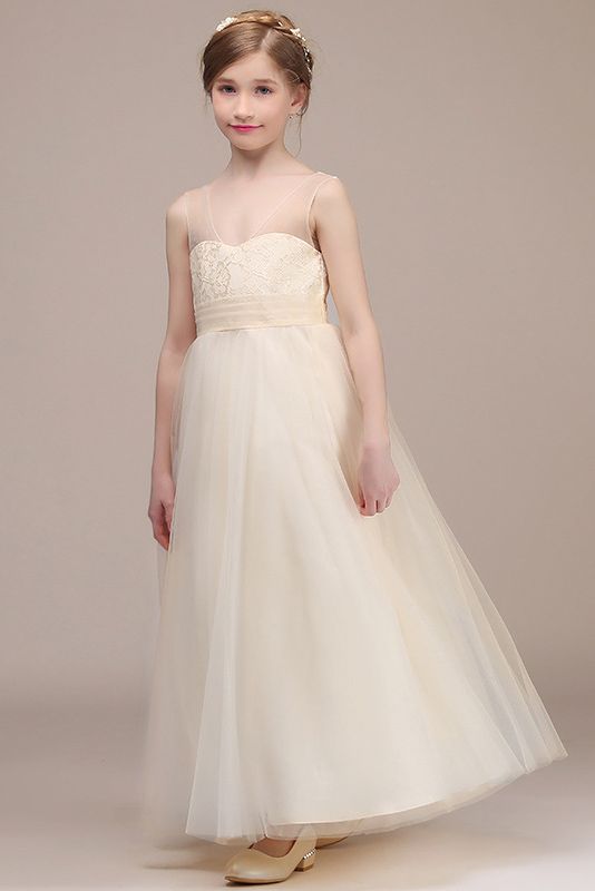 Princess Sheer Straps Sleeveless Flower Girl Dress with Lace and Tulle-BallBride