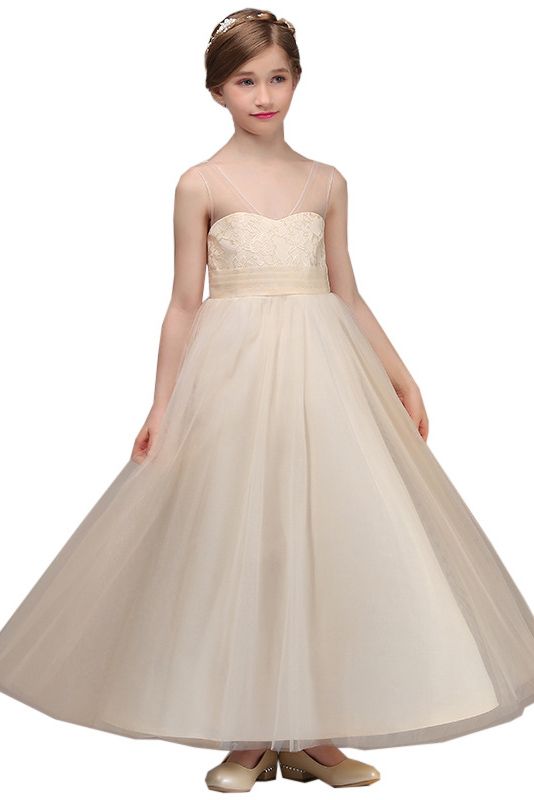 Princess Sheer Straps Sleeveless Flower Girl Dress with Lace and Tulle-BallBride