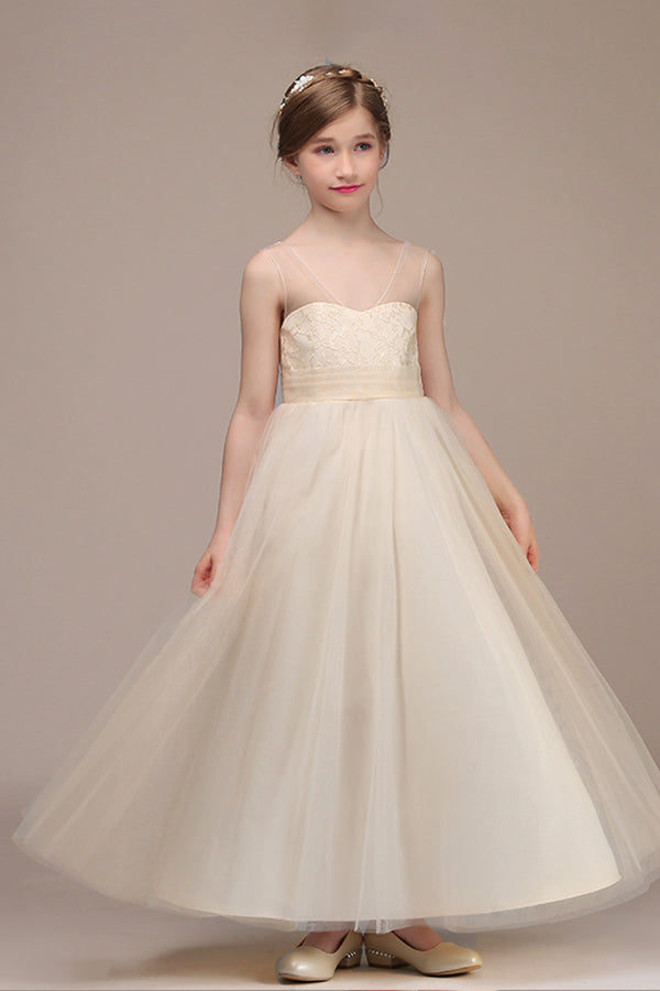 Princess Sheer Straps Sleeveless Flower Girl Dress with Lace and Tulle-BallBride