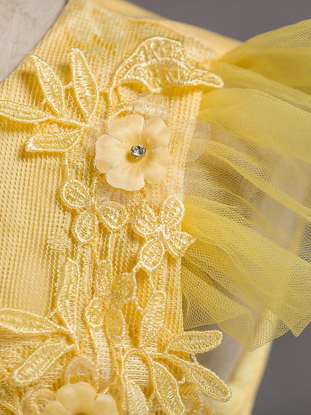 Princess Short Sleeve Flower Girl Dress with Lace Appliques Ruffles-BallBride