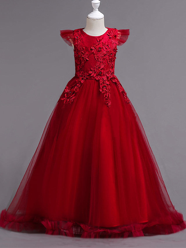 Princess Short Sleeve Flower Girl Dress with Lace Appliques Ruffles-BallBride