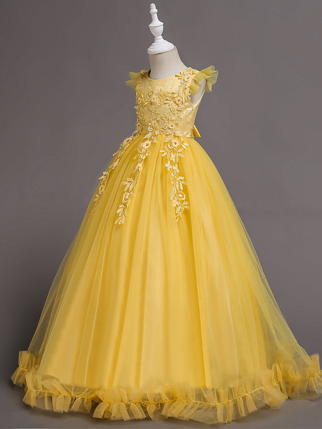 Princess Short Sleeve Flower Girl Dress with Lace Appliques Ruffles-BallBride