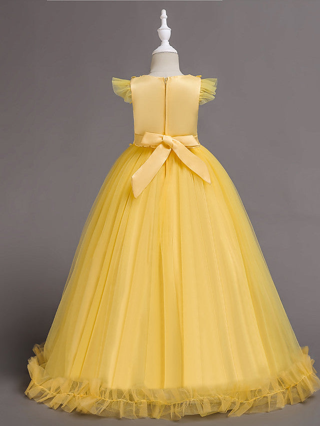 Princess Short Sleeve Flower Girl Dress with Lace Appliques Ruffles-BallBride