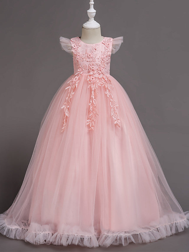 Princess Short Sleeve Flower Girl Dress with Lace Appliques Ruffles-BallBride