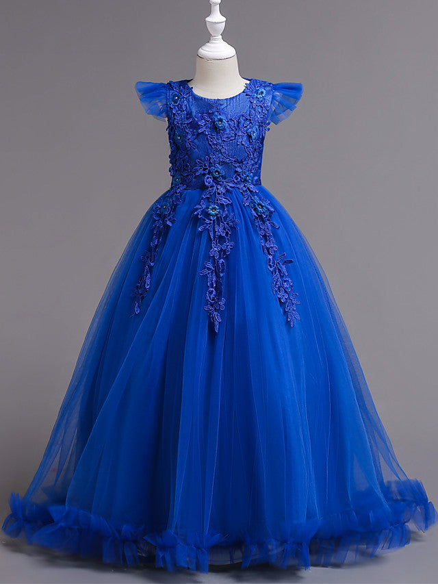 Princess Short Sleeve Flower Girl Dress with Lace Appliques Ruffles-BallBride