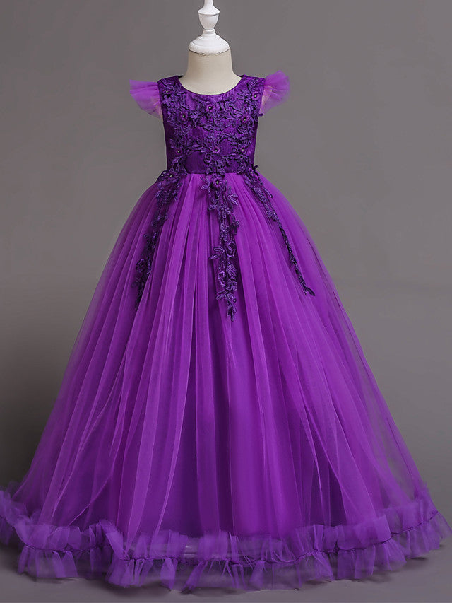 Princess Short Sleeve Flower Girl Dress with Lace Appliques Ruffles-BallBride