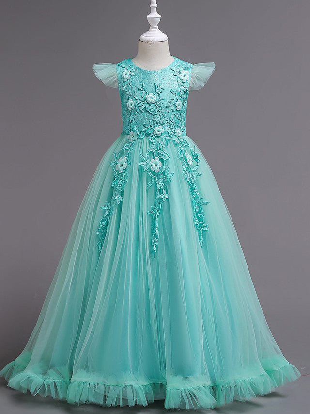 Princess Short Sleeve Flower Girl Dress with Lace Appliques Ruffles-BallBride