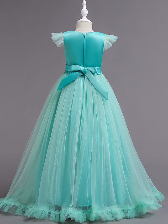 Princess Short Sleeve Flower Girl Dress with Lace Appliques Ruffles-BallBride