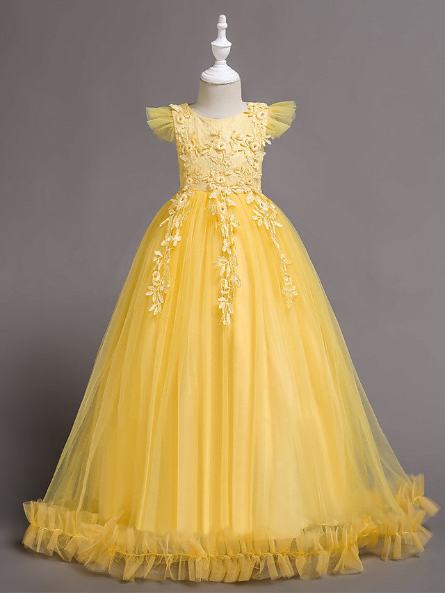 Princess Short Sleeve Flower Girl Dress with Lace Appliques Ruffles-BallBride
