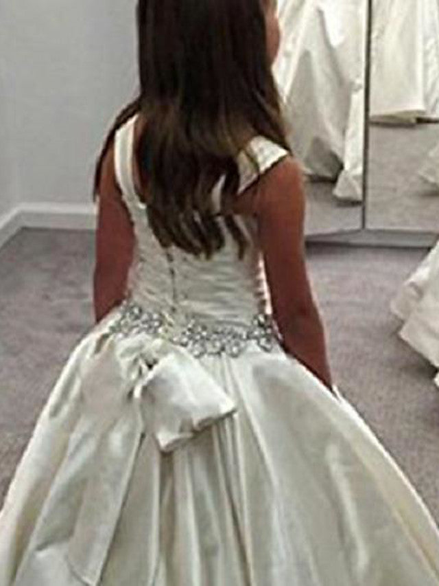 Princess Sleeveless Bateau Neck Ball Gown Satin Dress with Sash Ribbon Bow and Pleats-BallBride