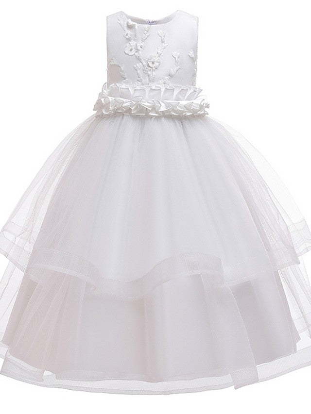 Princess Sleeveless Flower Girl Dress with Bow Appliques and Round Floor Length-BallBride