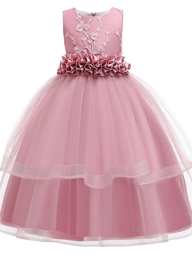 Princess Sleeveless Flower Girl Dress with Bow Appliques and Round Floor Length-BallBride