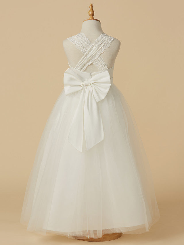 Princess Sleeveless Halter Neck Floor Length Flower Girl Dress with Lace Satin Tulle and Bow-BallBride