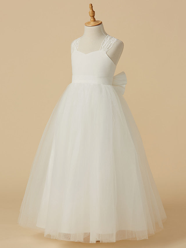 Princess Sleeveless Halter Neck Floor Length Flower Girl Dress with Lace Satin Tulle and Bow-BallBride