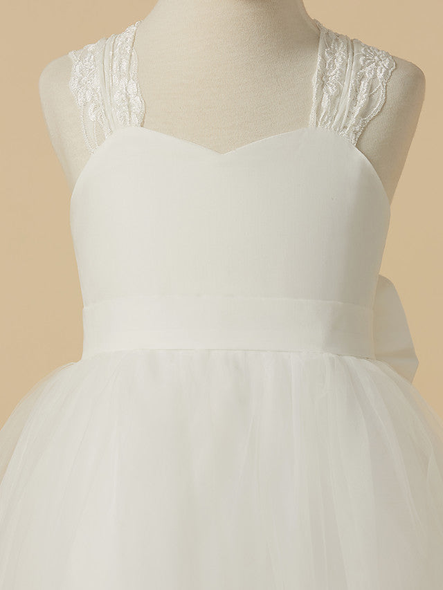 Princess Sleeveless Halter Neck Floor Length Flower Girl Dress with Lace Satin Tulle and Bow-BallBride