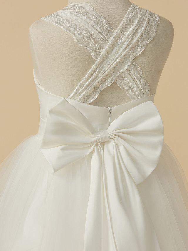 Princess Sleeveless Halter Neck Floor Length Flower Girl Dress with Lace Satin Tulle and Bow-BallBride