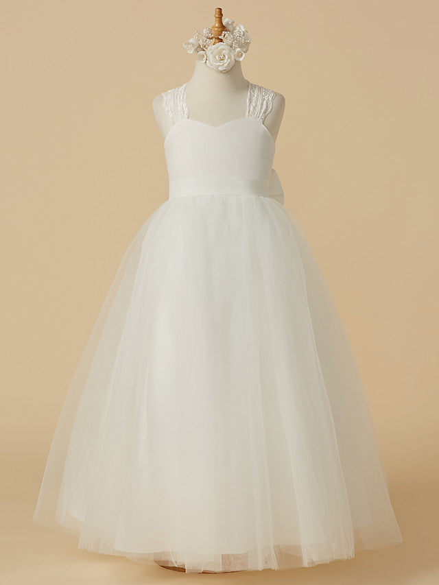 Princess Sleeveless Halter Neck Floor Length Flower Girl Dress with Lace Satin Tulle and Bow-BallBride