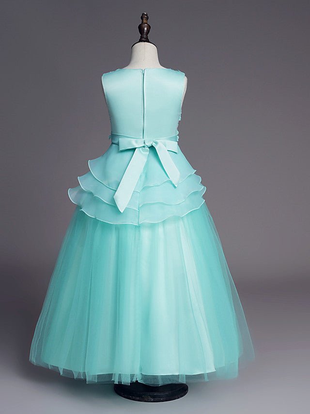 Princess Sleeveless Jewel Long Length Flower Girl Dress with Belt Beadings Embroidery-BallBride