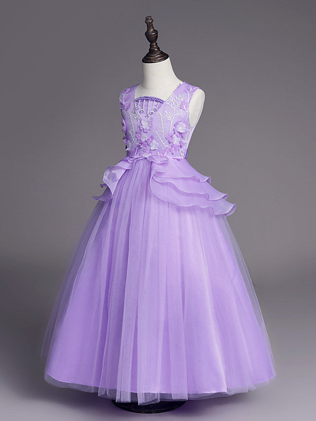 Princess Sleeveless Jewel Long Length Flower Girl Dress with Belt Beadings Embroidery-BallBride