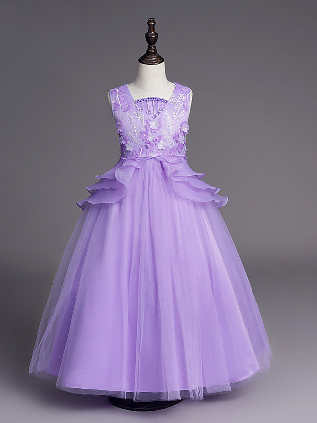 Princess Sleeveless Jewel Long Length Flower Girl Dress with Belt Beadings Embroidery-BallBride