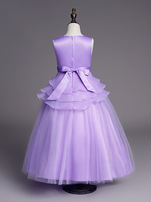 Princess Sleeveless Jewel Long Length Flower Girl Dress with Belt Beadings Embroidery-BallBride