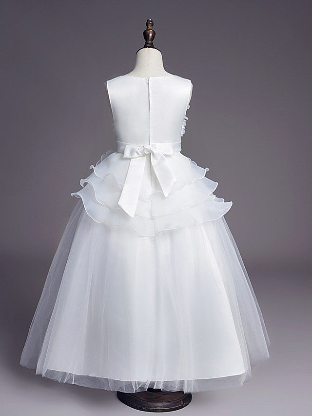 Princess Sleeveless Jewel Long Length Flower Girl Dress with Belt Beadings Embroidery-BallBride