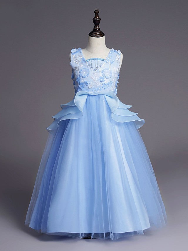 Princess Sleeveless Jewel Long Length Flower Girl Dress with Belt Beadings Embroidery-BallBride