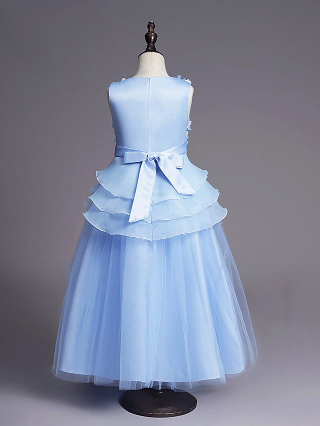 Princess Sleeveless Jewel Long Length Flower Girl Dress with Belt Beadings Embroidery-BallBride