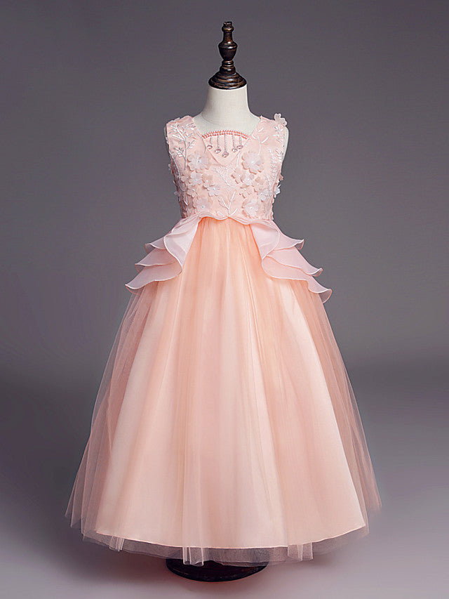 Princess Sleeveless Jewel Long Length Flower Girl Dress with Belt Beadings Embroidery-BallBride