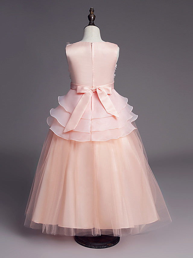 Princess Sleeveless Jewel Long Length Flower Girl Dress with Belt Beadings Embroidery-BallBride