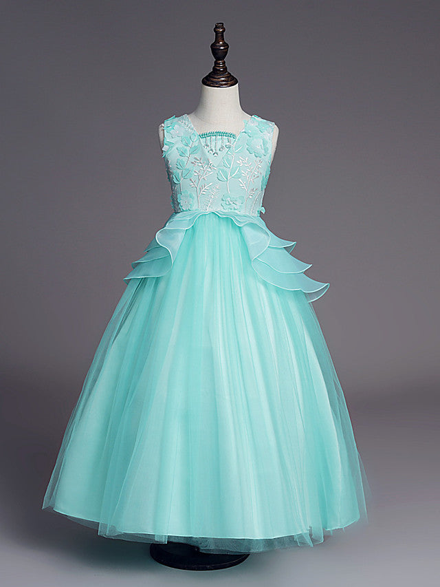 Princess Sleeveless Jewel Long Length Flower Girl Dress with Belt Beadings Embroidery-BallBride