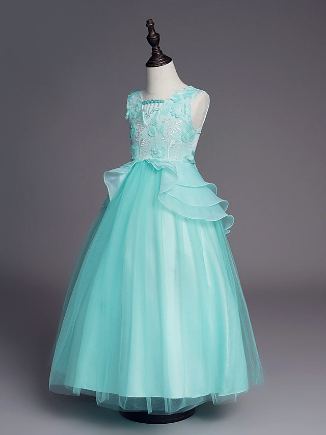 Princess Sleeveless Jewel Long Length Flower Girl Dress with Belt Beadings Embroidery-BallBride