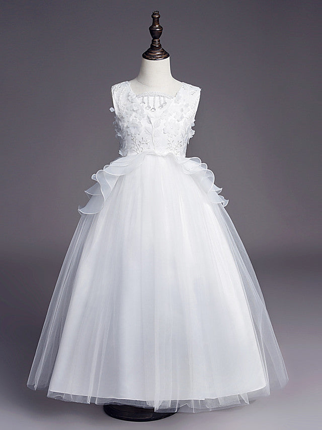 Princess Sleeveless Jewel Long Length Flower Girl Dress with Belt Beadings Embroidery-BallBride