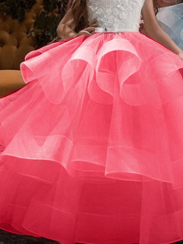 Princess Sleeveless Jewel Neck Flower Girl Dress - Polyester with Bow Embroidery-BallBride