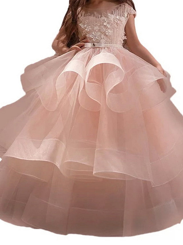 Princess Sleeveless Jewel Neck Flower Girl Dress - Polyester with Bow Embroidery-BallBride