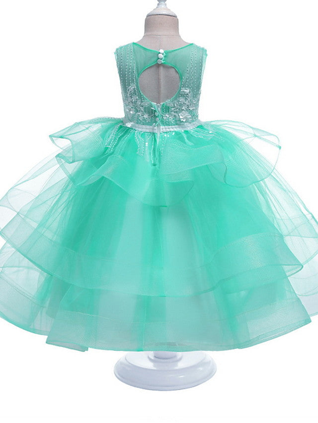 Princess Sleeveless Jewel Neck Flower Girl Dress - Polyester with Bow Embroidery-BallBride
