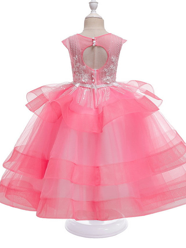 Princess Sleeveless Jewel Neck Flower Girl Dress - Polyester with Bow Embroidery-BallBride
