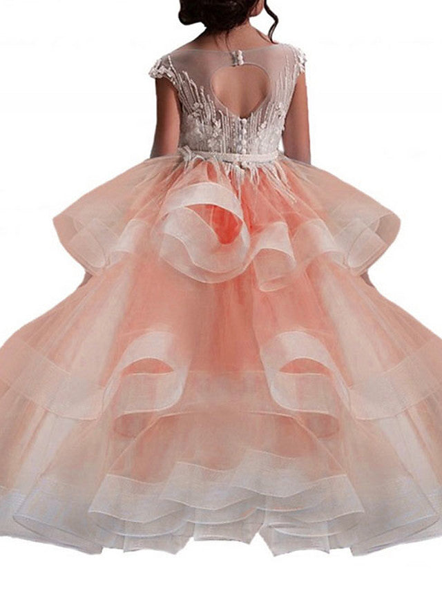 Princess Sleeveless Jewel Neck Flower Girl Dress - Polyester with Bow Embroidery-BallBride
