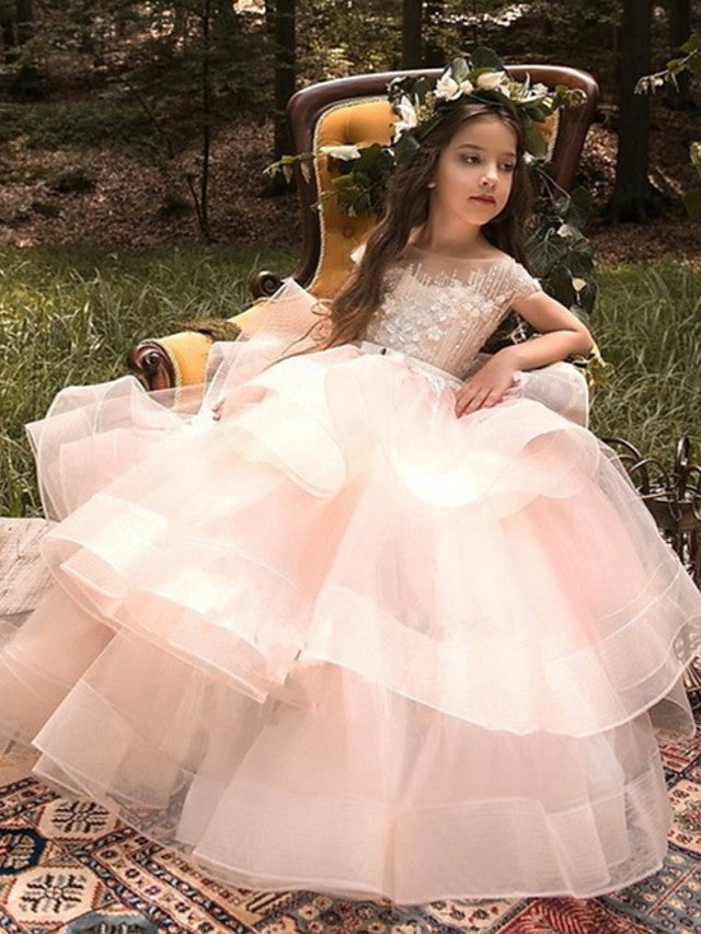 Princess Sleeveless Jewel Neck Flower Girl Dress - Polyester with Bow Embroidery-BallBride