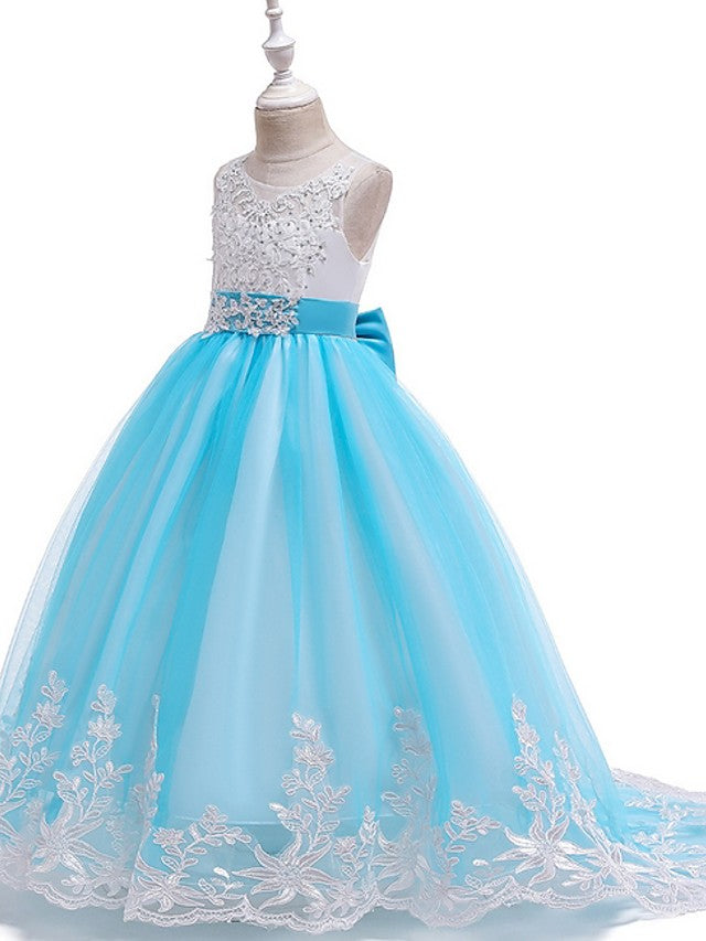 Princess Tulle Sleeveless Jewel Flower Girl Dress with Bow Appliques Beading-BallBride