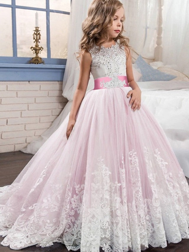 Princess Tulle Sleeveless Jewel Flower Girl Dress with Bow Appliques Beading-BallBride