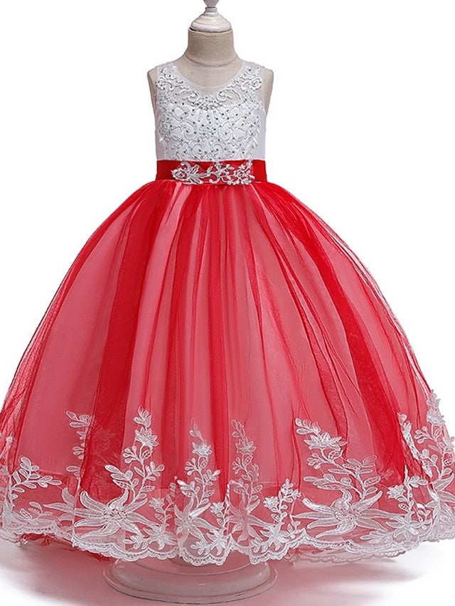 Princess Tulle Sleeveless Jewel Flower Girl Dress with Bow Appliques Beading-BallBride